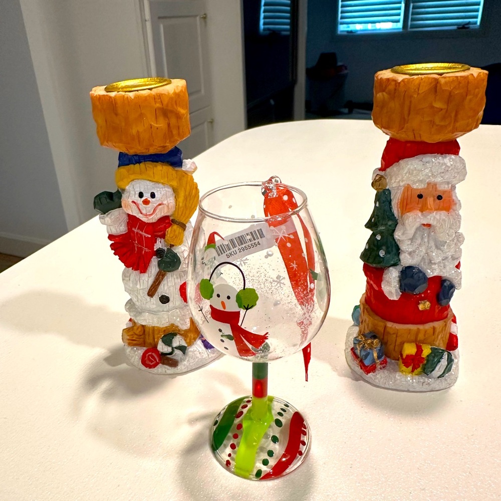 Snowmen/Santa pillar candle stick holders and tiny wine glass ornament.